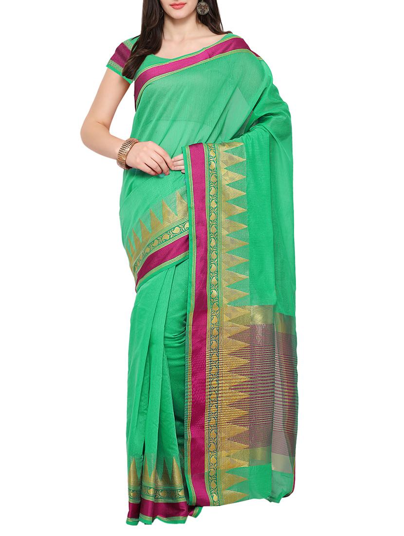 green poly cotton bordered saree with blouse - 13982010 - Zoom Image - 1