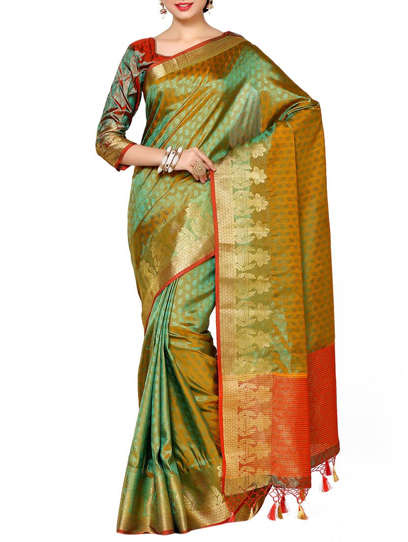 green art silk kanjivaram saree with blouse - 13982938 - Zoom Image - 1