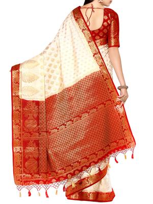 women's self design beige colored saree with blouse - 13982959 -  Standard Image - 1