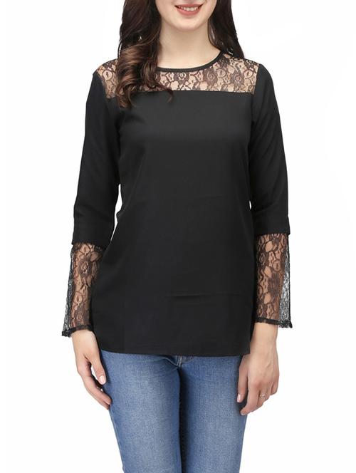 floral mesh panel bell sleeved top - 13983171 - Very Small Image - 1