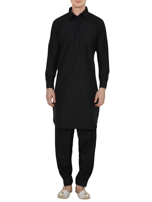 solid black cotton kurta pyjama set - 13990013 - Standard Image - 1