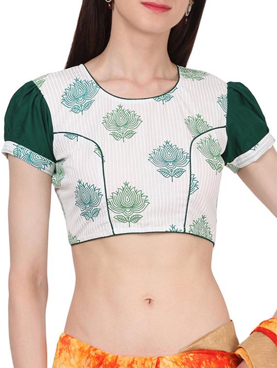 White & green cotton block printed stitched blouse - 13993950 - Zoom Image - 1