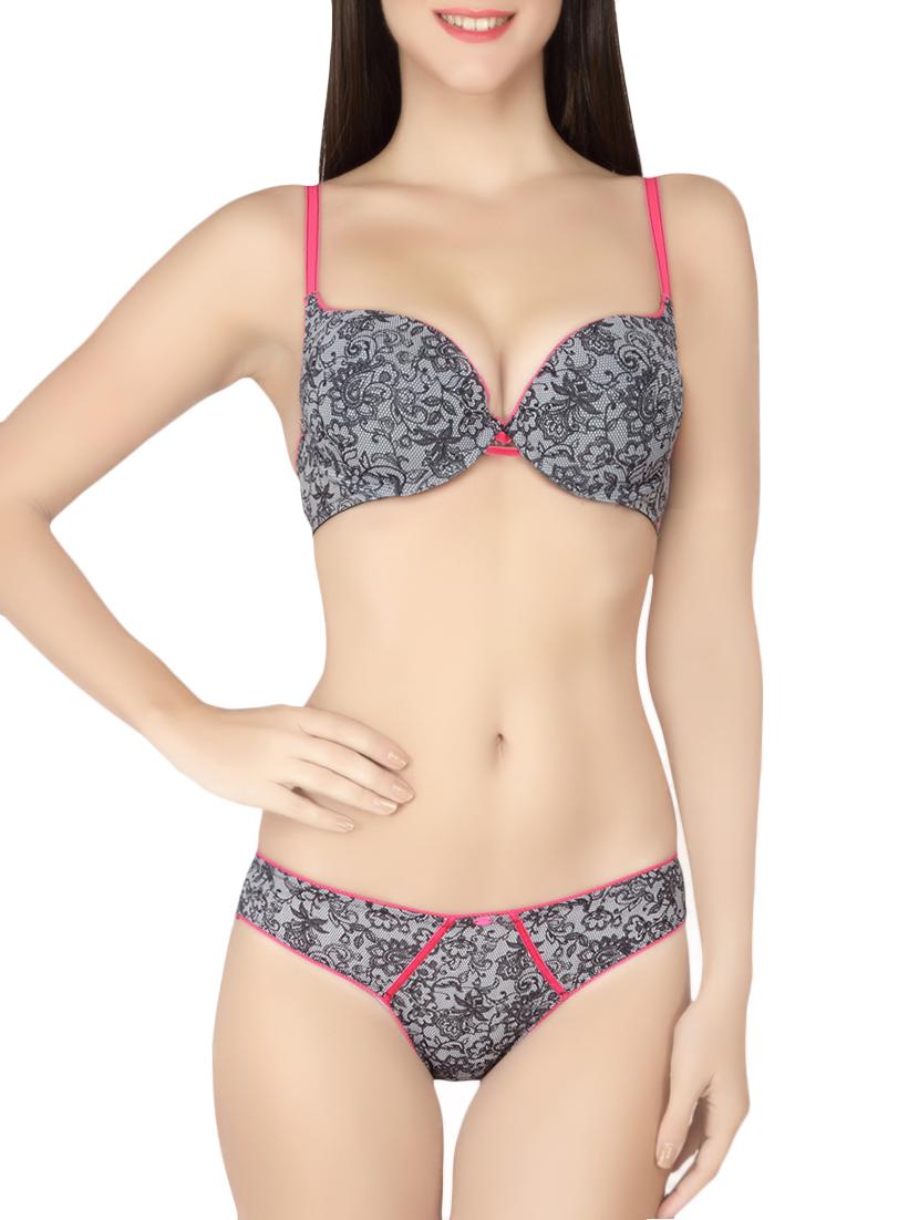 floral print grey bra and panty set - 13996727 - Zoom Image - 1