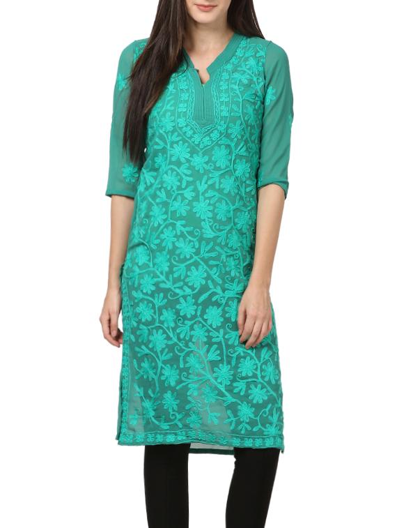 green georgette embroidered straight kurta - 14040882 - Zoom Image - 1