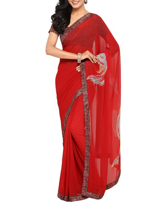 red georgette printed saree with blouse - 14043188 - Standard Image - 1