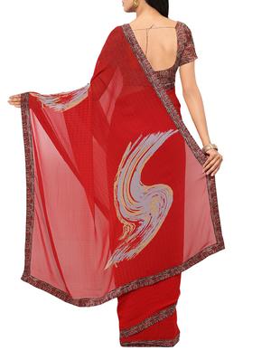 red georgette printed saree with blouse - 14043188 - Standard Image - 2