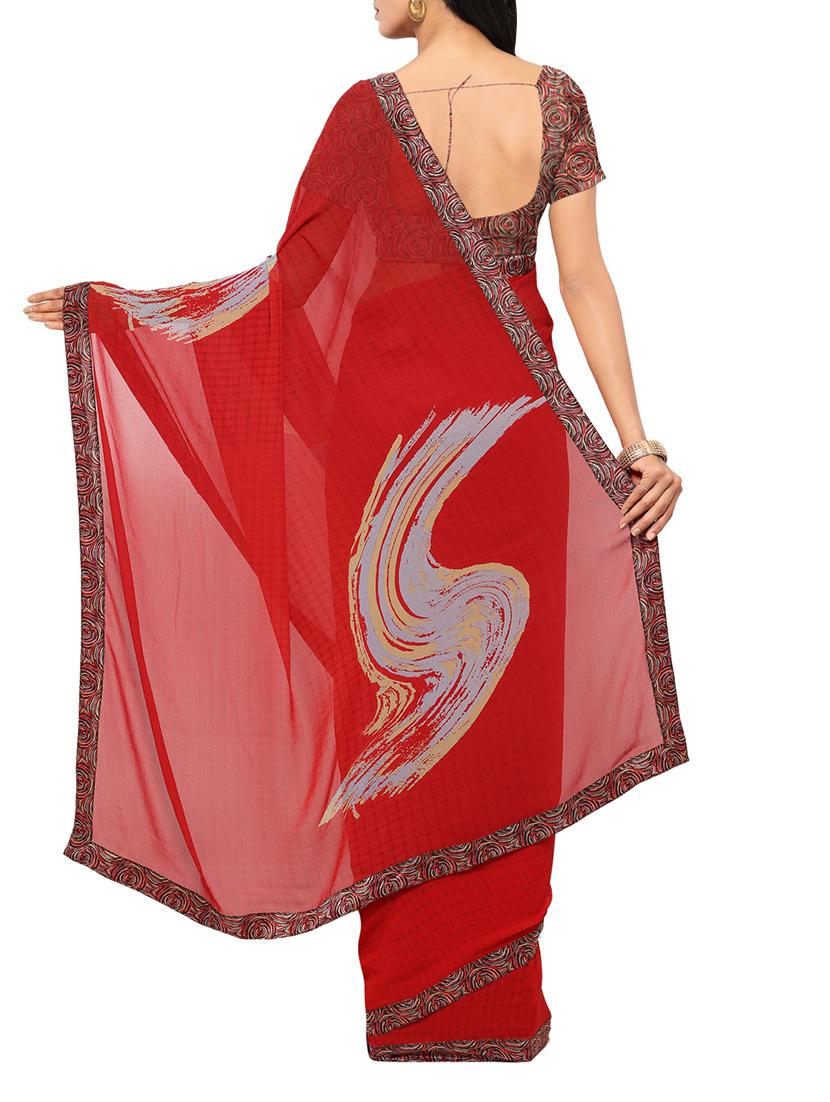 red georgette printed saree with blouse - 14043188 - Zoom Image - 2