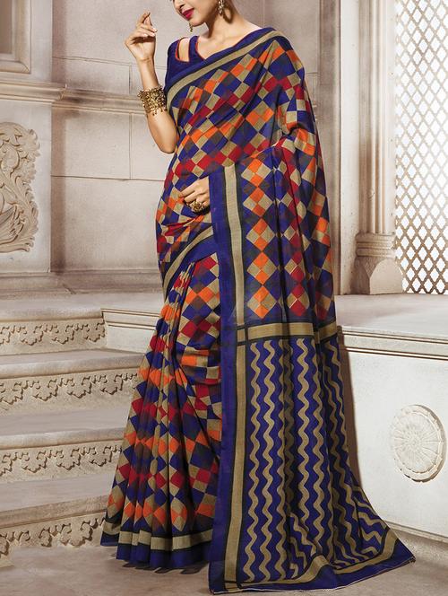 blue silk printed saree with blouse - 14076409 - Standard Image - 1