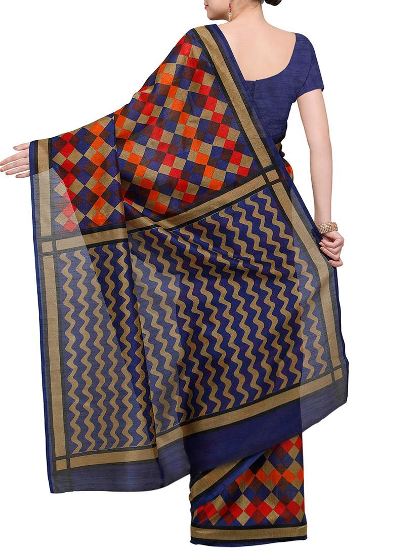 blue silk printed saree with blouse - 14076409 - Zoom Image - 2