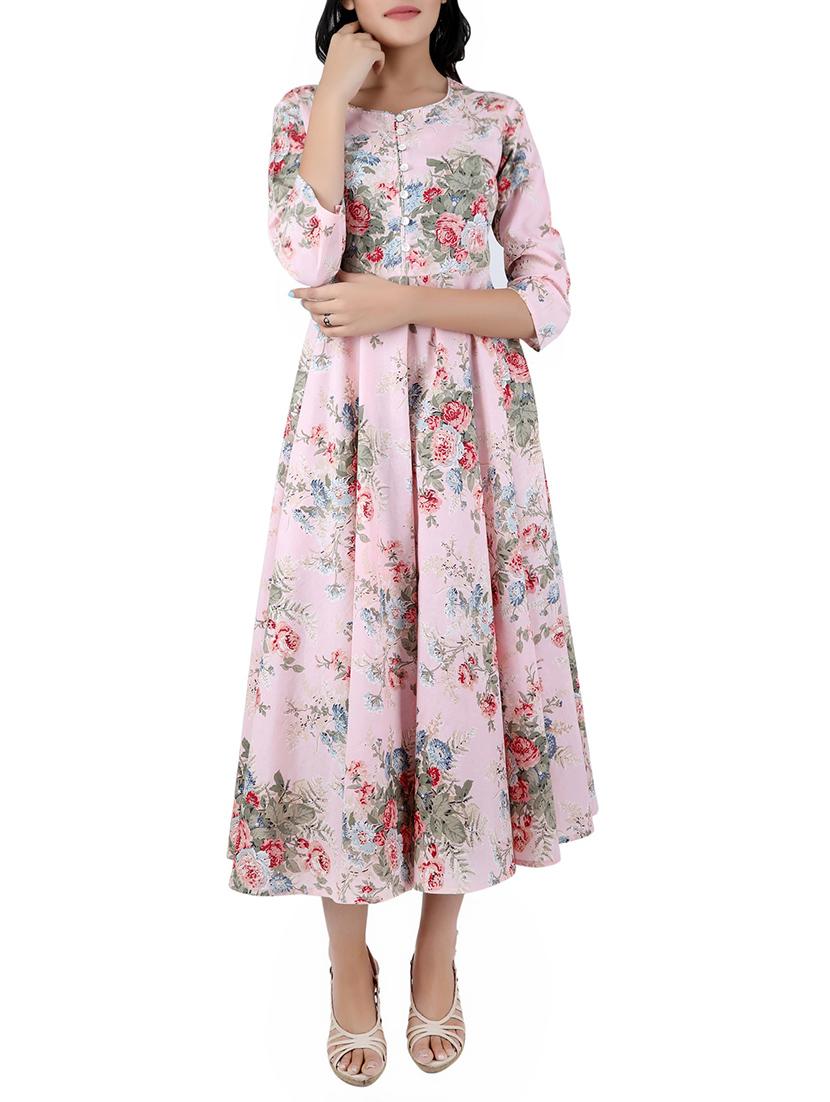 pink cotton flared kurta - 14077080 - Zoom Image - 1