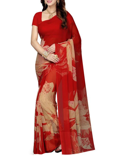 red georgette printed saree with blouse - 14083118 - Very Small Image - 1