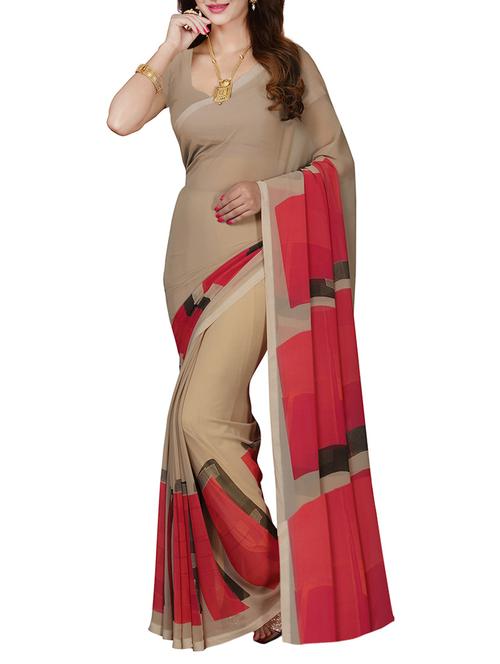 beige & red printed saree with blouse - 14083121 - Standard Image - 1