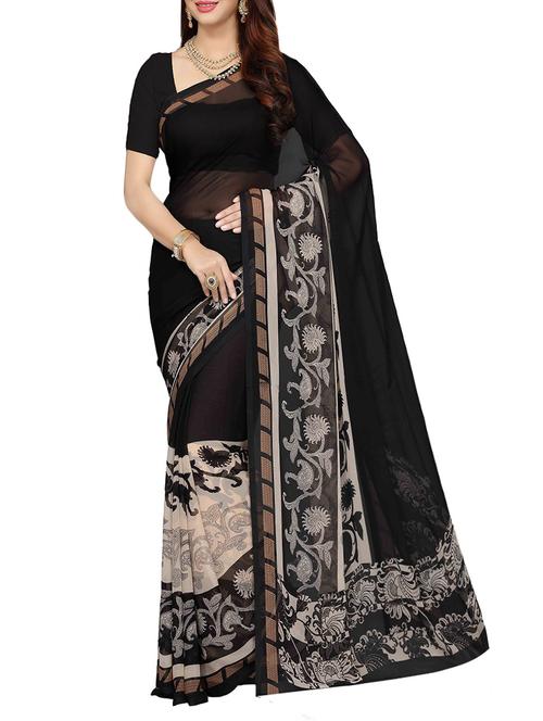 black georgette printed saree with blouse - 14083129 - Standard Image - 1
