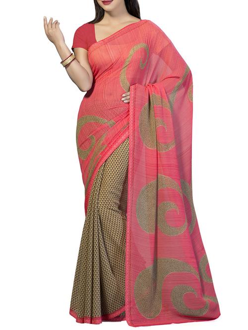 pink & beige printed saree with blouse - 14083136 - Standard Image - 1