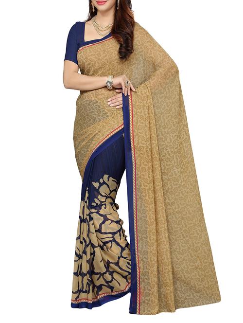 beige & blue printed saree with blouse - 14083144 - Standard Image - 1