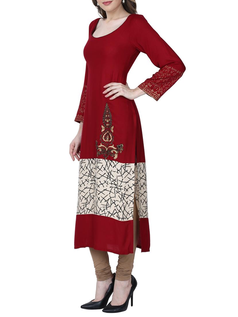 maroon viscose straight kurta - 14087116 - Zoom Image - 2