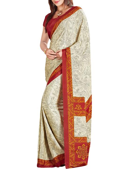 beige crepe printed saree with blouse - 14087925 - Standard Image - 1