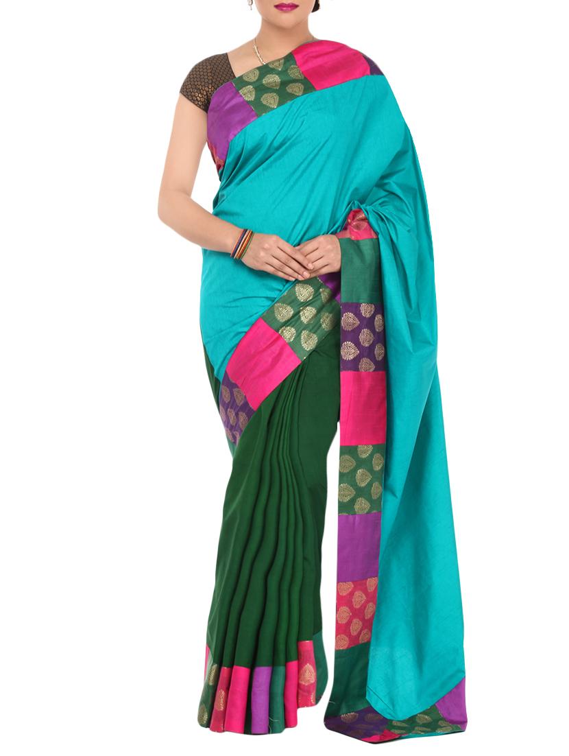 turquoise & green half and half saree with blouse - 14089587 - Zoom Image - 1