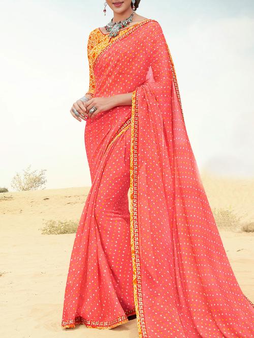 red chiffon bandhani saree with blouse - 14090862 - Standard Image - 1