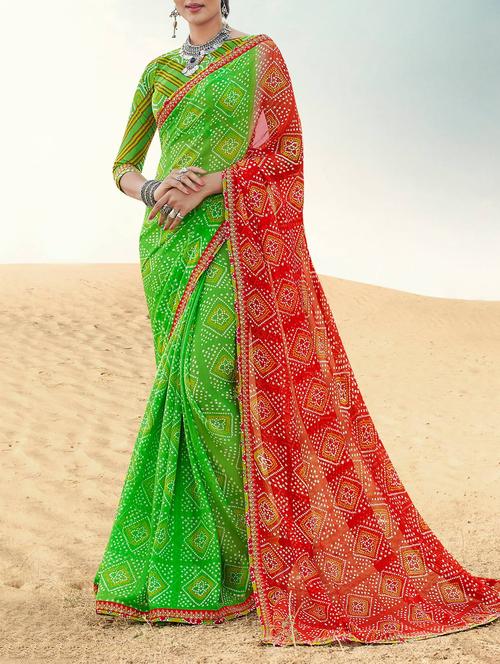 Bandhani printed saree with blouse - 14090863 - Standard Image - 1