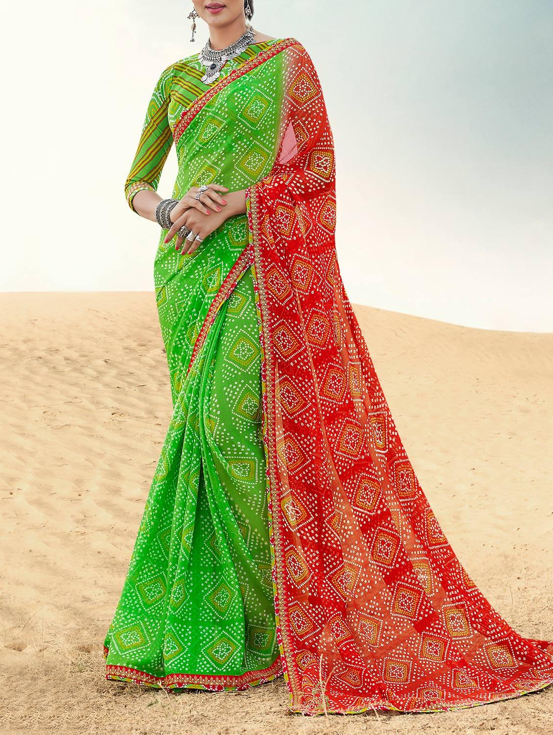 Bandhani printed saree with blouse - 14090863 - Zoom Image - 1