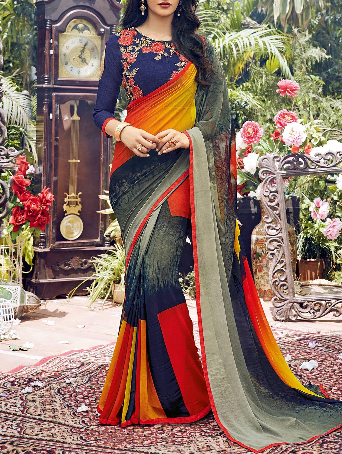 multicolored printed georgette saree with blouse - 14090877 - Zoom Image - 1