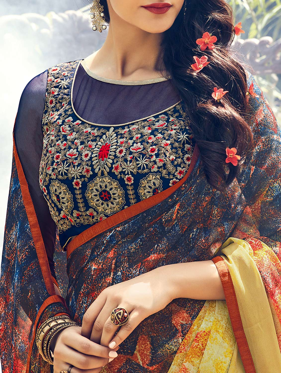 multicolored printed georgette saree with blouse - 14090878 - Zoom Image - 2
