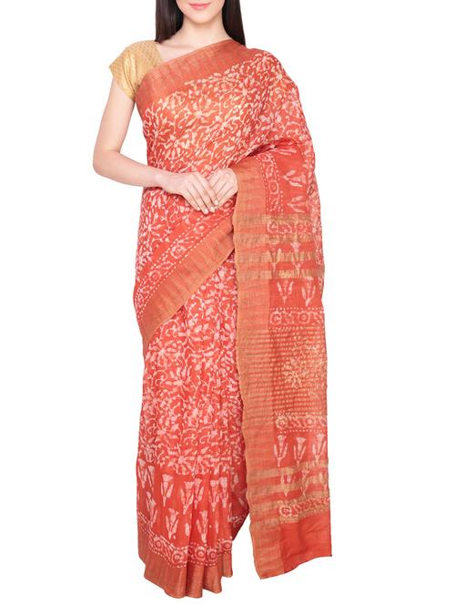 orange batik print cotton silk saree with blouse - 14095459 - Standard Image - 1