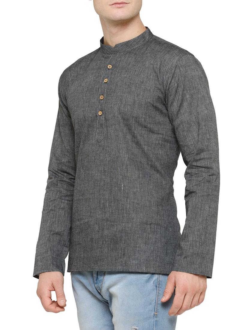 grey cotton short kurta - 14099118 - Zoom Image - 2