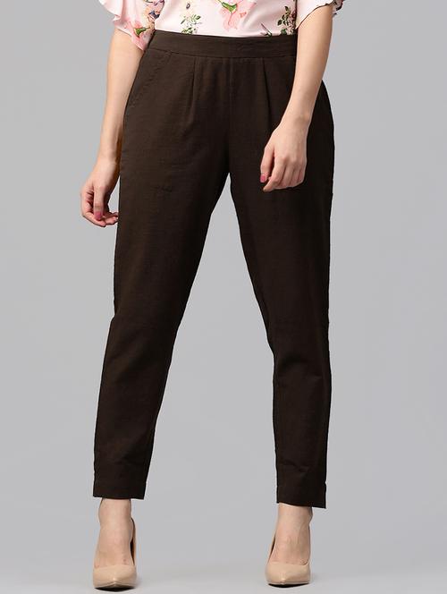 brown cotton flat front trouser - 14104594 - Standard Image - 1