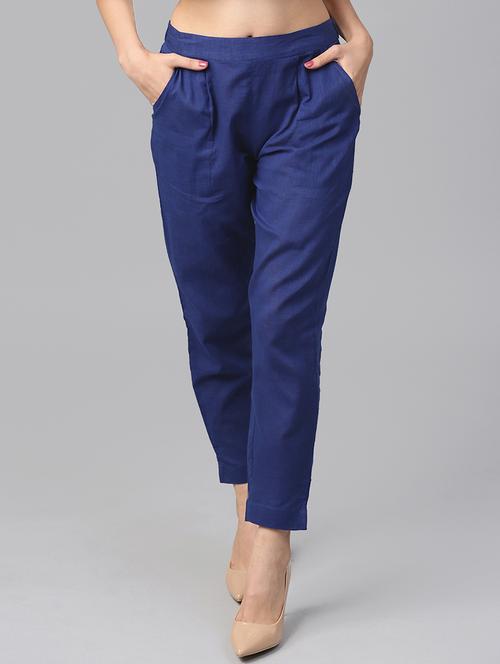 blue cotton flat front trouser - 14104596 - Standard Image - 1