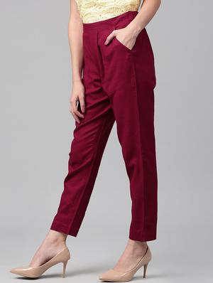 maroon cotton flat front trouser - 14104616 - Standard Image - 2