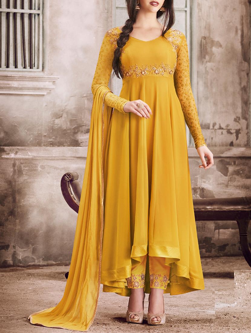 mustard georgette semi-stitched anarkali suit - 14104996 - Zoom Image - 1