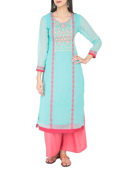 Turquoise georgette straight kurta - 14105157 - Standard Image - 1
