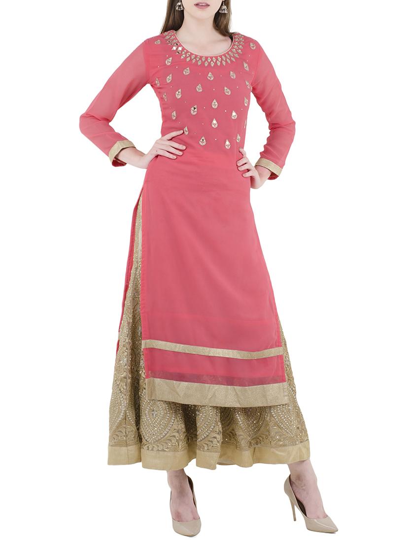 pink georgette straight kurta - 14105179 - Zoom Image - 1
