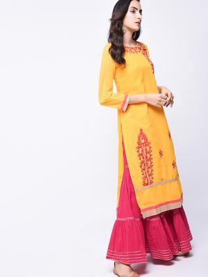 yellow georgette straight kurta - 14105181 - Standard Image - 2