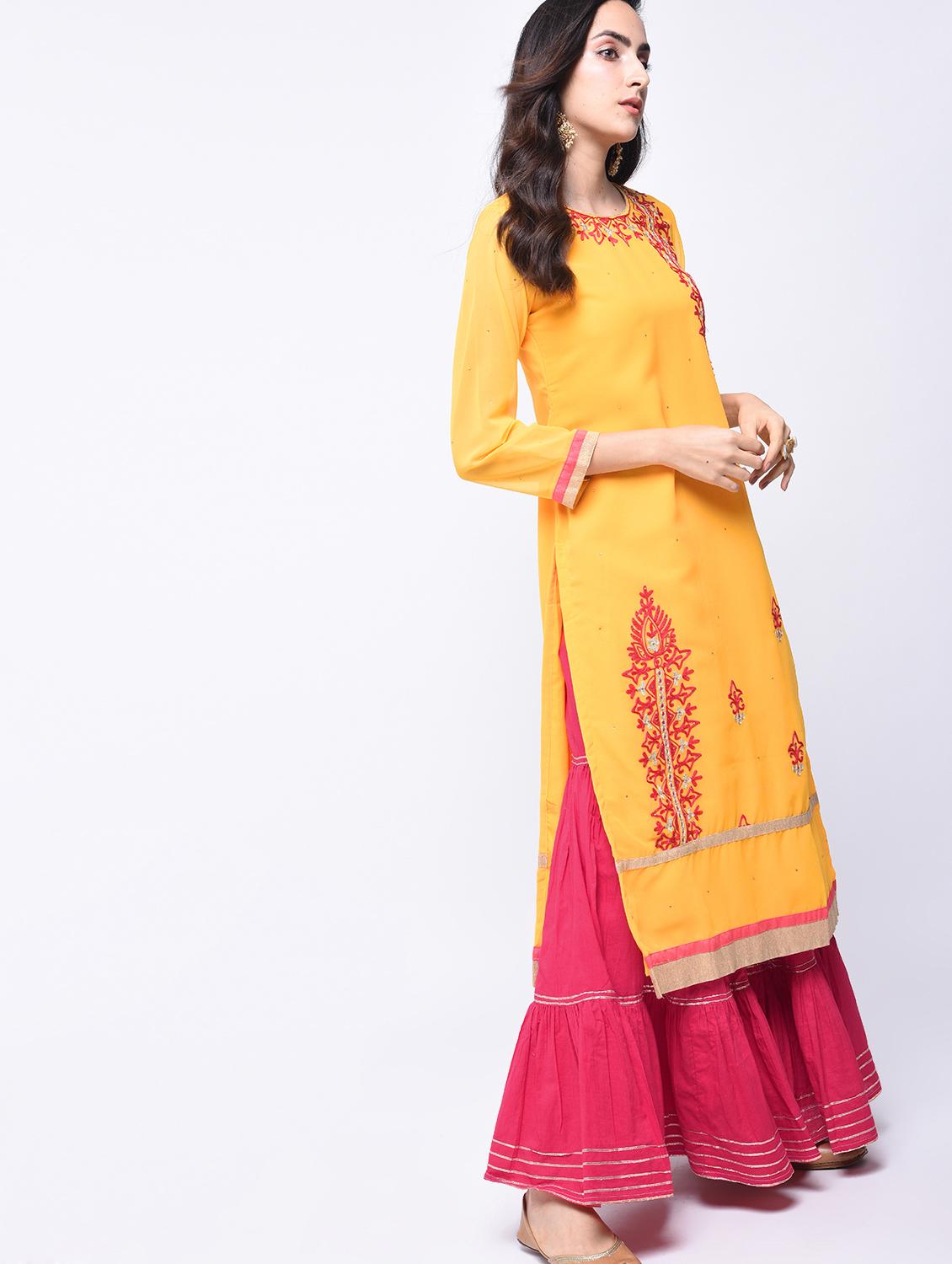 yellow georgette straight kurta - 14105181 - Zoom Image - 2