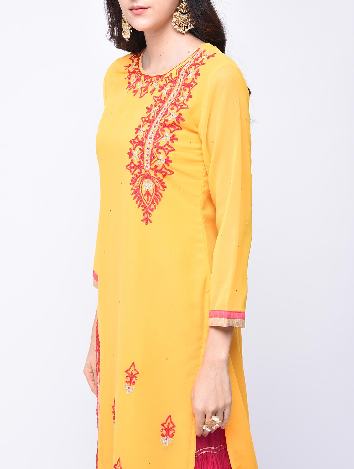 yellow georgette straight kurta - 14105181 - Zoom Image - 4