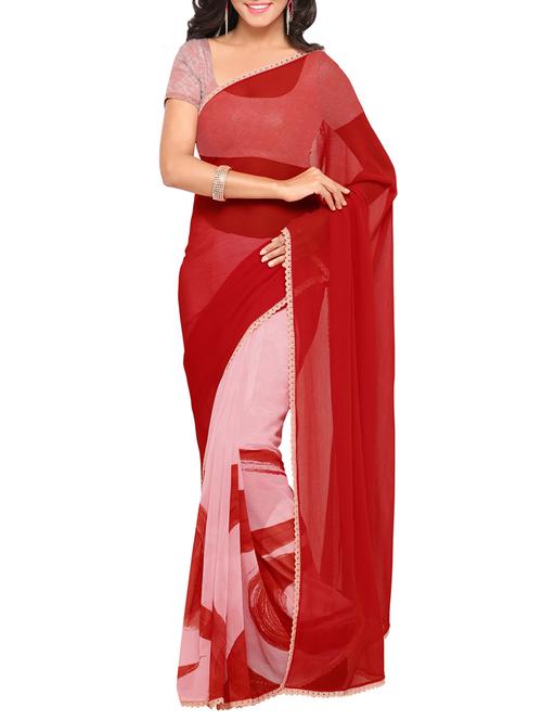 red chiffon printed saree with blouse - 14113401 - Standard Image - 1