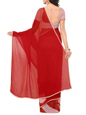 red chiffon printed saree with blouse - 14113401 - Standard Image - 2