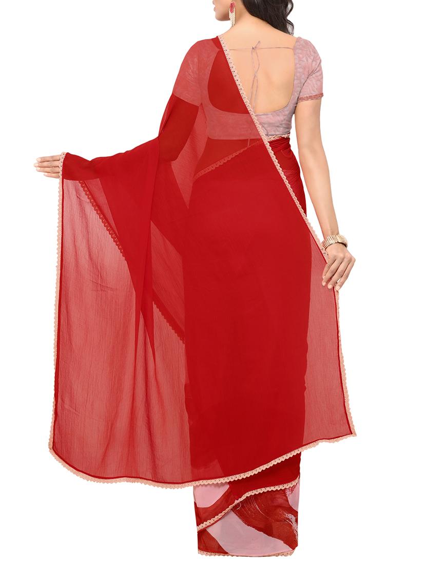 red chiffon printed saree with blouse - 14113401 - Zoom Image - 2