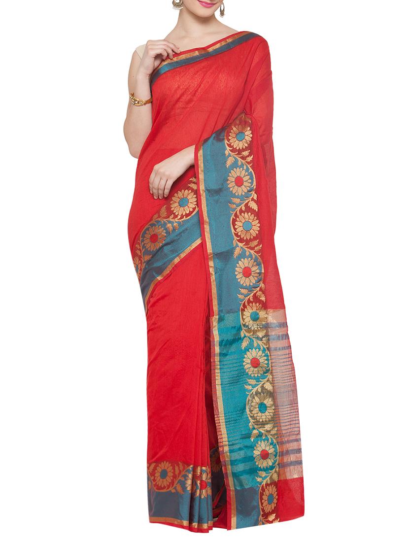 red cotton silk bordered saree with blouse - 14114994 - Zoom Image - 1