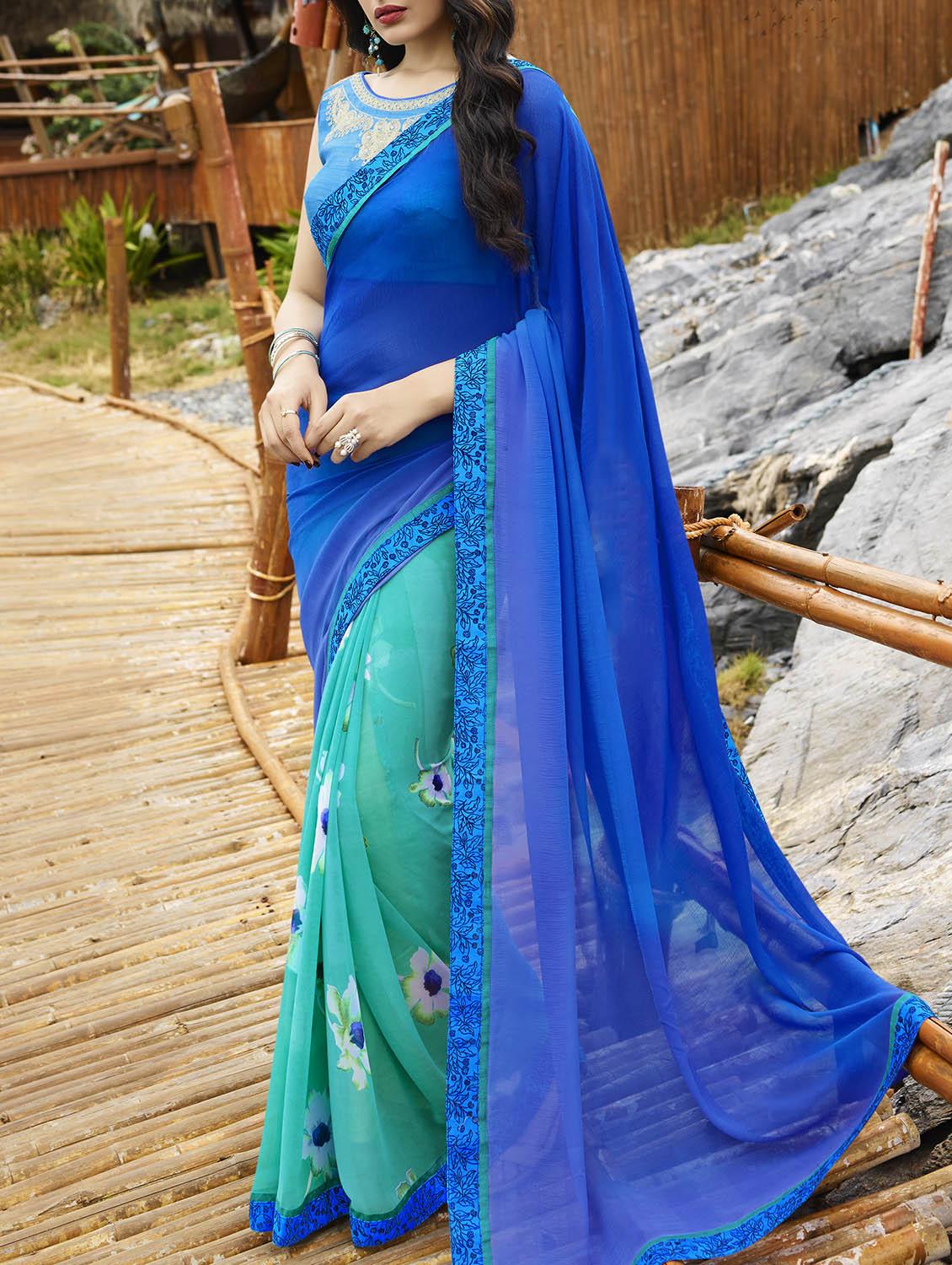 blue georgette half and half saree with blouse - 14115625 - Zoom Image - 1