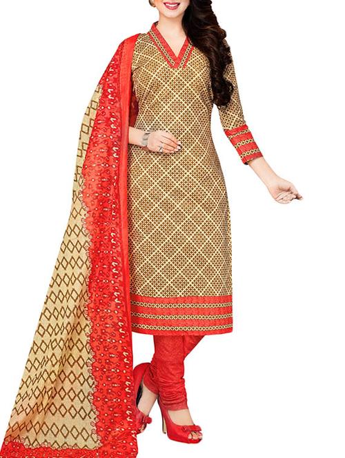 beige cotton printed dress material - 14117467 - Standard Image - 1