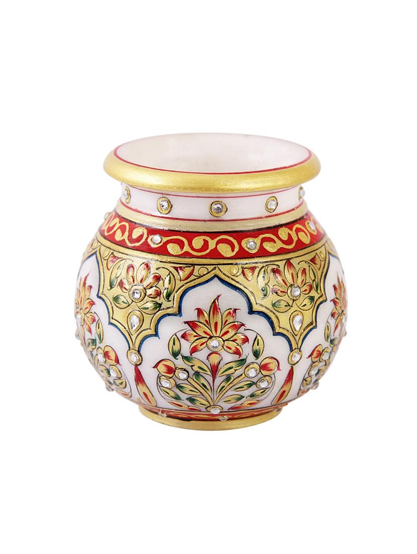 round marble lota shaped pot with golden finish painting by handicrafts paradise