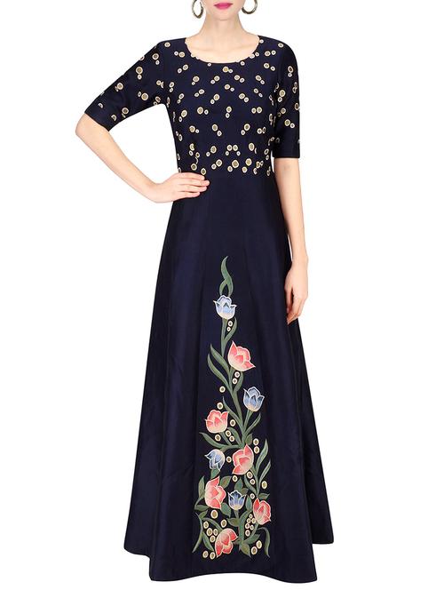 navy blue silk blend a-line gown - 14122790 - Standard Image - 1