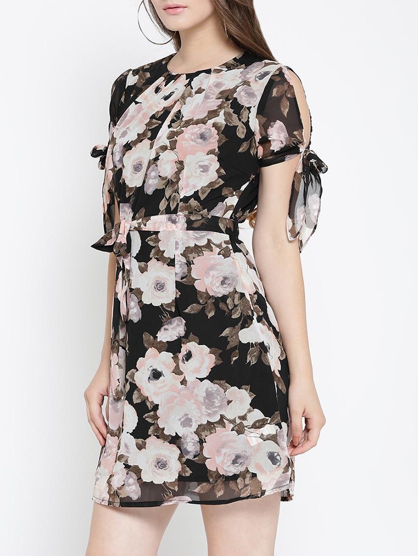 black floral printed belted dress - 14122906 - Zoom Image - 2