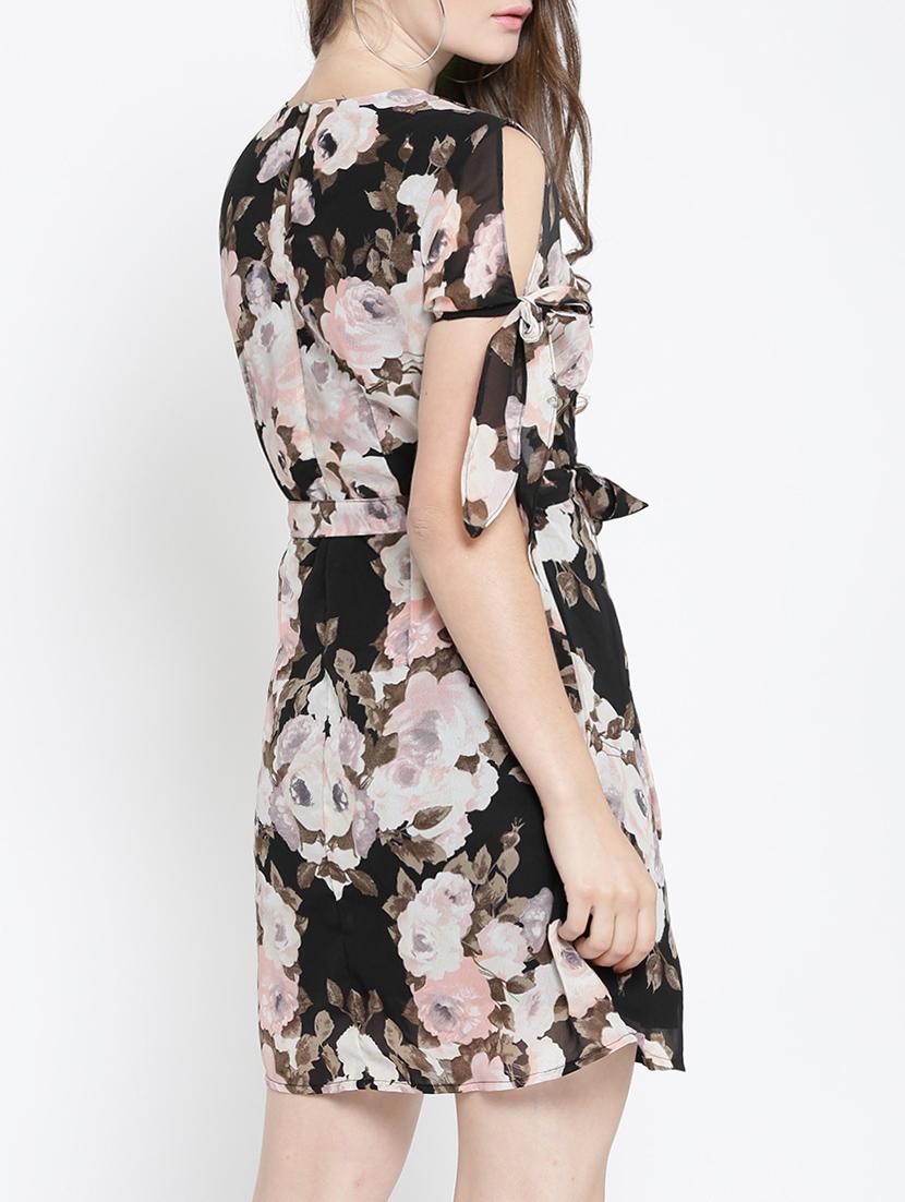 black floral printed belted dress - 14122906 - Zoom Image - 3