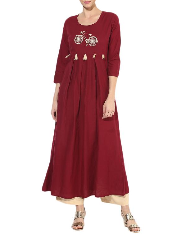 maroon cotton flared kurta - 14128798 - Zoom Image - 1