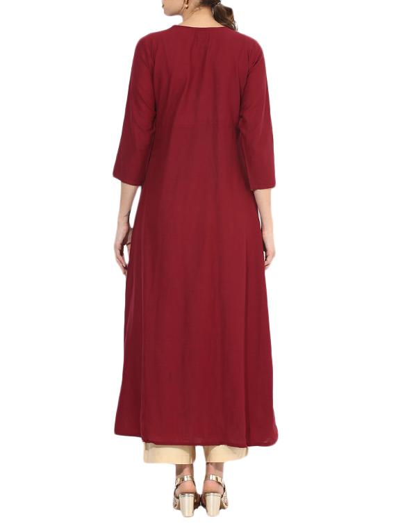 maroon cotton flared kurta - 14128798 - Zoom Image - 3